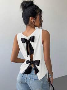 SHEIN Essnce Women's Knit Top With Colorblock And Oversized Bow Design On Back, Going Out Top, Valentine's Day - White - View 2