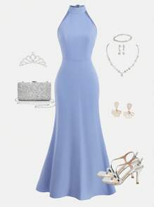 SHEIN Girlism Teenager Mädchen blaues Kleid mit Stehkragen, Meerjungfrauenrücken-Bindung, super eleganter Rücken mit großer Schleife, geeignet als Brautjungfernkleid/Kleid für Hochzeitsgäste, passend für festliche Anlässe, Veranstaltungen, Hochzeiten