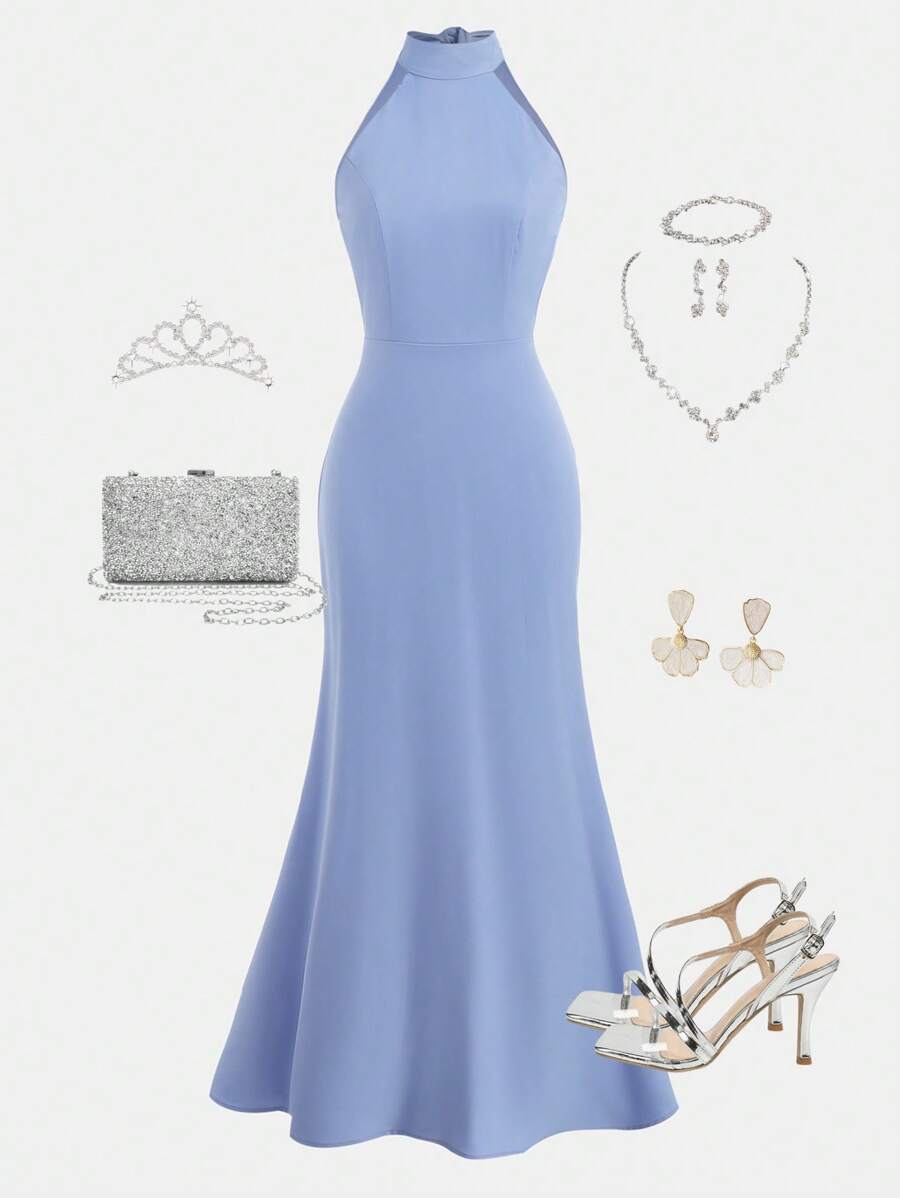 SHEIN Girlism Teenager Mädchen blaues Kleid mit Stehkragen, Meerjungfrauenrücken-Bindung, super eleganter Rücken mit großer Schleife, geeignet als Brautjungfernkleid/Kleid für Hochzeitsgäste, passend für festliche Anlässe, Veranstaltungen, Hochzeiten