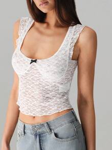 SHEIN Unity Chic Minimalist Lace Cap Sleeve Casual T-Shirt For Spring & Summer - White - View 3
