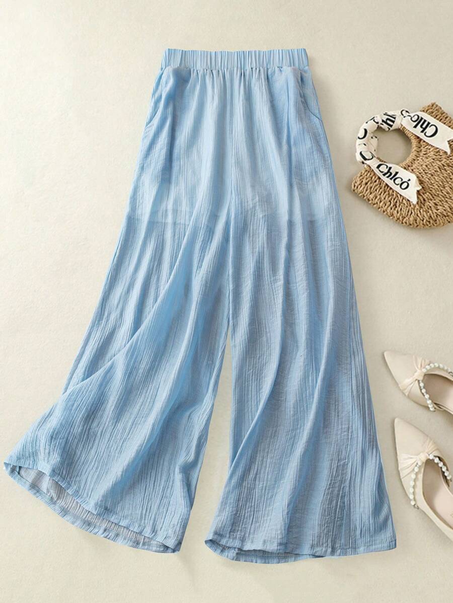 Calvaya Plus Size Women's Flowy Loose Fit Wide Leg Pants - Baby Blue - View 1