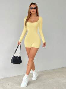 SHEIN PETITE Women Casual Solid Square Neck Unitard Romper - Yellow - View 4