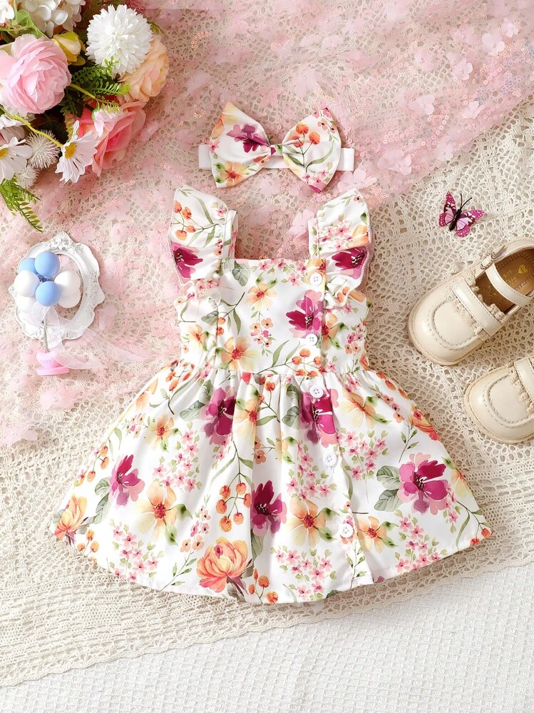 SHEIN Set de 2 piezas para bebé niña: vestido de verano con mangas de capa, tirantes de espagueti, estampado floral acuarelado encantador y diadema - Multicolor - Añade 4