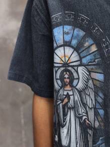 ROMWE MEN Street Life Men's Religious Style Printed Denim Short Sleeve Shirt - Black - View 6