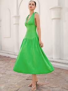 Aveloria Robe d'été sexy en tissu texturé unicolore, dos nu, col montant élégante et