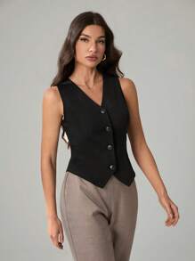 SHEIN Tall Top de cárdigan sin mangas con cuello en V de color liso casual para mujeres altas - Negro - Ver 5