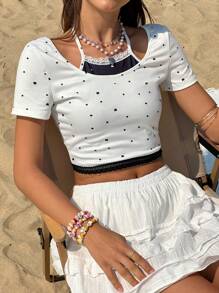 Jouncy Color Block Bowknot Printed 2 In 1 Short Sleeve Top, Casual Vacation Wear - Black and White - View 1