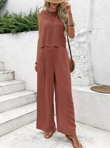 Serisse Women Solid Color Twist Back Sleeveless Shirt And Pants Casual 2 Pieces Set Summer Pink - Dusty Pink - View 6