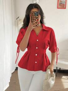 Franclia Áo sơ mi tay ngắn thanh lịch cho nữ, áo sơ mi tay bồng nhún eo thon gọn - Đỏ - Xem 3