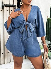 SHEIN Lady Bộ đồ liền thân denim cỡ lớn, bộ đồ liền thân bó sát tay 3/4 mặc khi đi nghỉ, màu xanh lam - Rửa tối - Xem 5