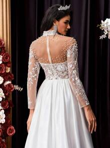 Glamrae 优雅奢华刺绣蕾丝拼接缎面透明长袖拖尾长裙，适合婚礼、派对、节日、正式活动、新娘 - 米色 - 查看 4