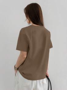 Dazy-Less 女士休闲纯色商务短袖T恤，半拉链设计，商务休闲女装，教师款 - 卡其色 - 查看 5