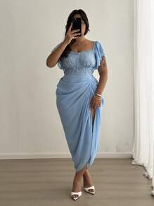 Celure Abito midi arricciato e svasato da donna con scollo a cuore, in jacquard e chiffon, con balze, di colore blu, in stile romantico da vacanza, per taglie forti