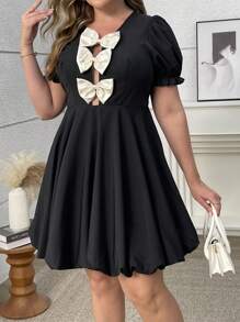 Flirla Plus Size Elegant Bow Decor Puff Sleeve Midi Dress - Black - View 3