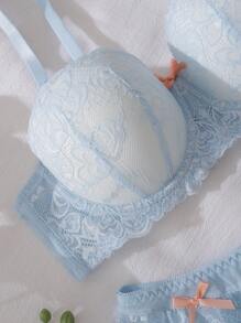 DelicateAllure 2pcs Set Lingerie Bra Balconette Nyaman Berenda Bunga dan Celana Dalam Berenda, Bra Lingerie Cup 1/2 dengan Pita, Biru Muda & Merah Muda, Cocok untuk Liburan - Baby Blue - View 2
