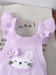 Baby Girls' Cartoon Jacquard Knit Bib Jumpsuit, Pink Cute Furry Rabbit Cap Sleeve Infant Jumpsuit, Spring/Autumn - Purple - View 5