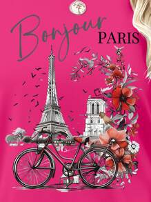 SHEIN LUNE 浪漫巴黎春夏图案印花休闲舒适百搭时尚女士长袖 T 恤 - 玫紅色 - 查看 6