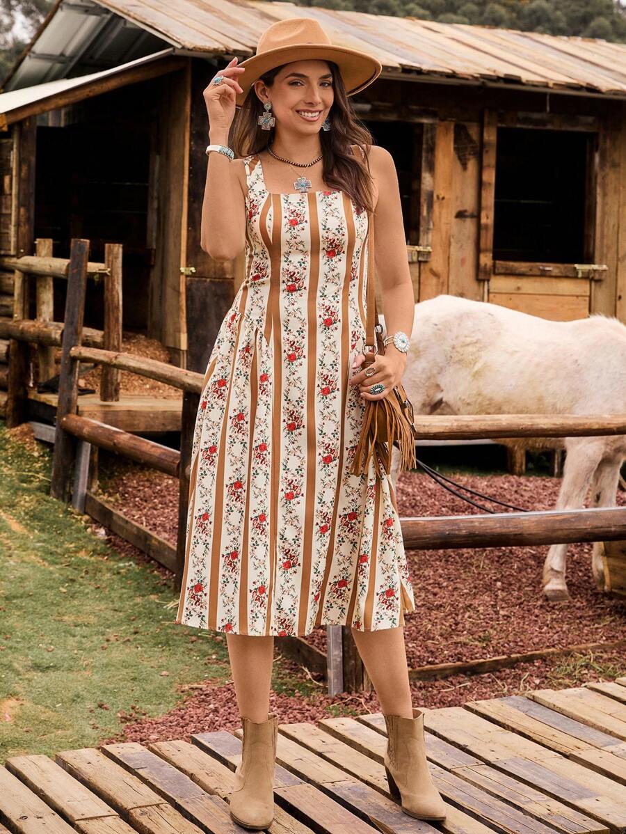 LanaWest Ladies Woven Print, West, Cute, Bow, Holiday Summer Dress - Apricot - View 1