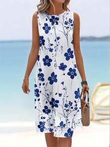 Sylviya Casual Printed Sleeveless Round Neck A-Line Dress, Suitable For Summer,Bohemia Chic Dress - Blue and White - View 1