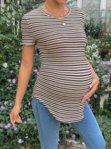 SHEIN Maternity Striped Round Neck Short Sleeve Casual Versatile T-Shirt - Brown - View 4