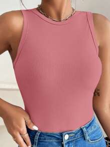 SHEIN VCAY Plus Size Women's Plain Ribbed Casual Round Neck Fitted Tank Top - Dusty Pink - View 3