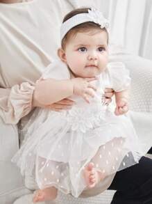 SHEIN Summer Newborn Baby Girl White Pit Stripe Short Sleeved Patchwork Three-Dimensional Flower And Mesh Dress And Headband