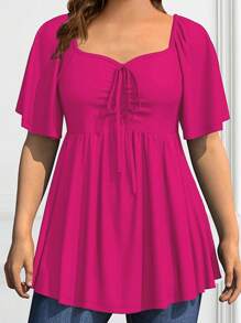 SHEIN Clasi 大码女式前系带荷叶边下摆休闲短袖 T 恤