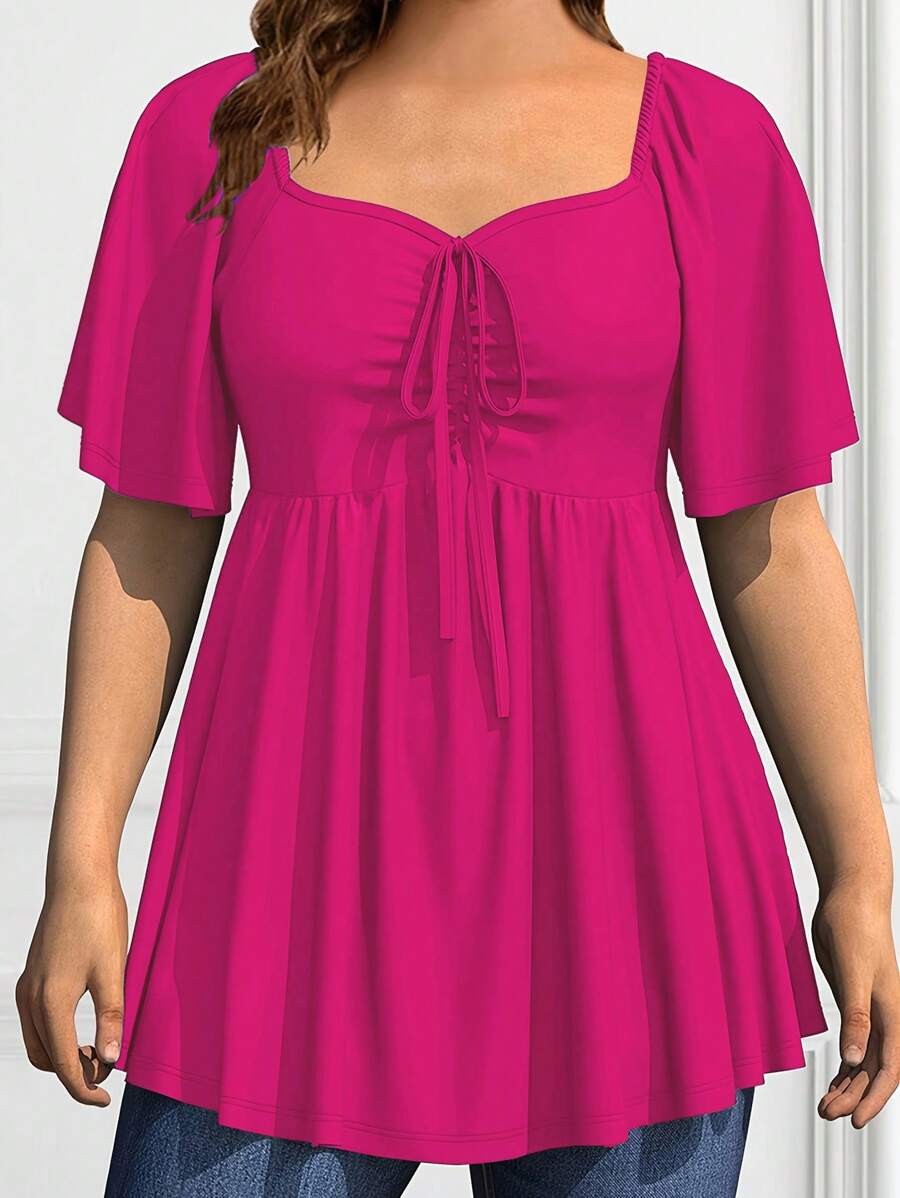 SHEIN Clasi 大码女式前系带荷叶边下摆休闲短袖 T 恤