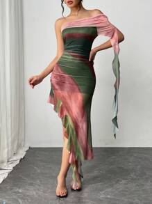 SHEIN Unity Ombre Print One Shoulder Ruched Ruffle Trim Dress Maxi Women Outfit - Mint Green - View 3