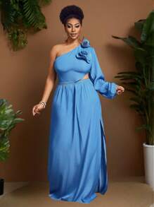 Slaydiva Vestido azul de talla grande elegante y de fiesta y romántico y casual, con hombro descubierto, calado y abertura con flores 3D - Azul - Ver 3