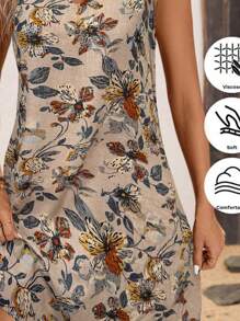 SHEIN LUNE 女式复古印花无袖 A 字形连衣裙，U 形领口，金属环细节和喇叭形下摆，适合夏季度假 - 咖啡 - 查看 7