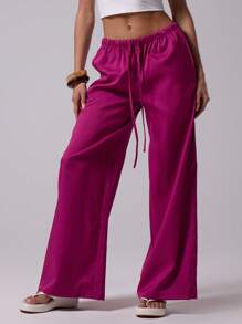 MUSERA 假日抽绳腰带长裤 夏季优雅休闲沙滩亚麻风 伊比沙岛度假波西米亚风 复活节 - 酒紅色 - 查看 3