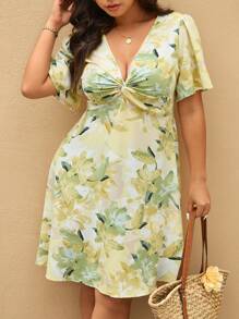 Elaquor 大码女式花卉印花扭褶荷叶边下摆短袖度假连衣裙 - 彩色 - 查看 5