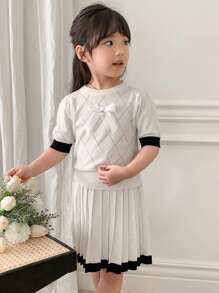 DAZY Young Girl Bow Decor Contrast Color Short Sleeve Knit Sweater And Pleated Knitted Skirt 2 Pieces Set,Girls Summer Outfits - White - View 2