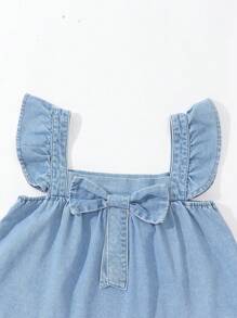 Bộ áo thun tay ngắn xếp nếp nơ và váy denim xếp ly cạp chun phong cách Y2K cho bé gái, tuổi teen - Rửa nhẹ - Xem 5