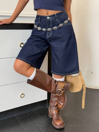 SHEIN 少女 Y2K 时尚街头服饰纯色洗水牛仔宽松低腰百慕大短裤针织牛仔长短裤，少女夏季波西米亚风度假音乐会服装，夏季早午餐毕业服装