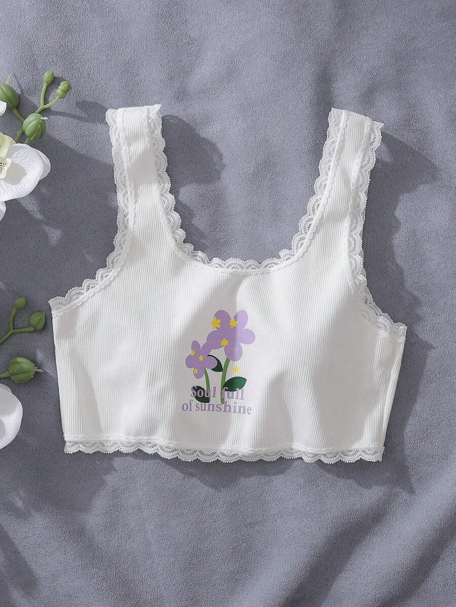 , Pastoral, Energetic Cotton Floral Print Cute Sweet Lace Ruffle Hem Girls Undershirt, White, Lavender - White - View 1