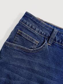 SHEIN MOD Quần short denim co giãn cỡ lớn cho nữ, rách, màu xanh lam giản dị - Rửa tối - Xem 5