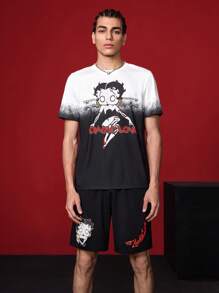 Betty Boop x SHEIN Conjunto de camiseta de manga corta y pantalones cortos de verano casuales para hombre con figura de dibujos animados y gráfico de letras