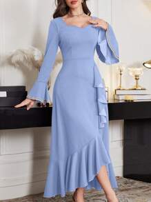 Modelyn Váy xòe bất đối xứng tay chuông dài cho nữ, Xuân/Hè - Màu xanh bụi bặm - Xem 3