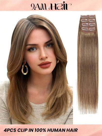 4PCS With 8 Clips Straight Clip In Hair Extensions 100% Real Human Hair Color P4/27# Medium Brown Highlights Honey Blonde 12-18 Inch Double Weft Invisible Clip Hair Extensions Remy Natural Human Hair For Women Girl Daily Full Head Use