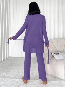 RueChic Slogan Graphic Tank Top & Belted Coat & Pants Lounge Set - Purple - View 2