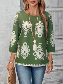 EMERY ROSE Women's Casual Vacation Contrast Color Printed Shirt - Green - View 1