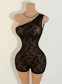 Mistrie Ladies' Spring/Summer Sexy Perspective Lace Music Festival One Shoulder Tight Jumpsuit - Black - View 4