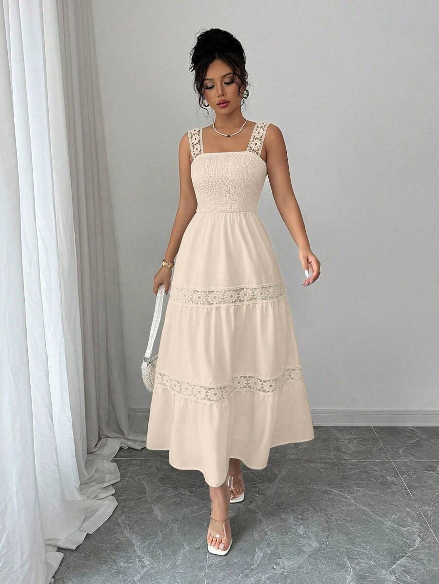 Elenzga Women's Casual Holiday Floral Patchwork Ruffle Hem Cami Midi Dress - Apricot - View 1