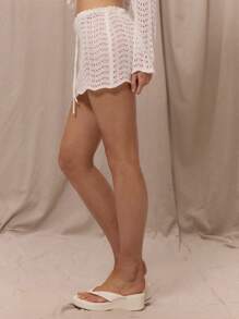 MUSERA Low Rise Drawstring Front Crochet Micro Mini Skirt Cover Up Spring Summer Vacation Holiday Elegant Beachwear Boho Romantic Ibiza Swim Evening Party Elegant Bridal Bachelorette Hen Do Wedding - White - View 3