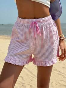 Jouncy Women's Casual Plaid Drawstring Waist Shorts, Vacation Style