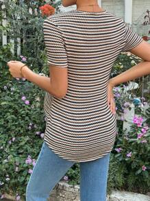SHEIN Maternity Striped Round Neck Short Sleeve Casual Versatile T-Shirt - Brown - View 2