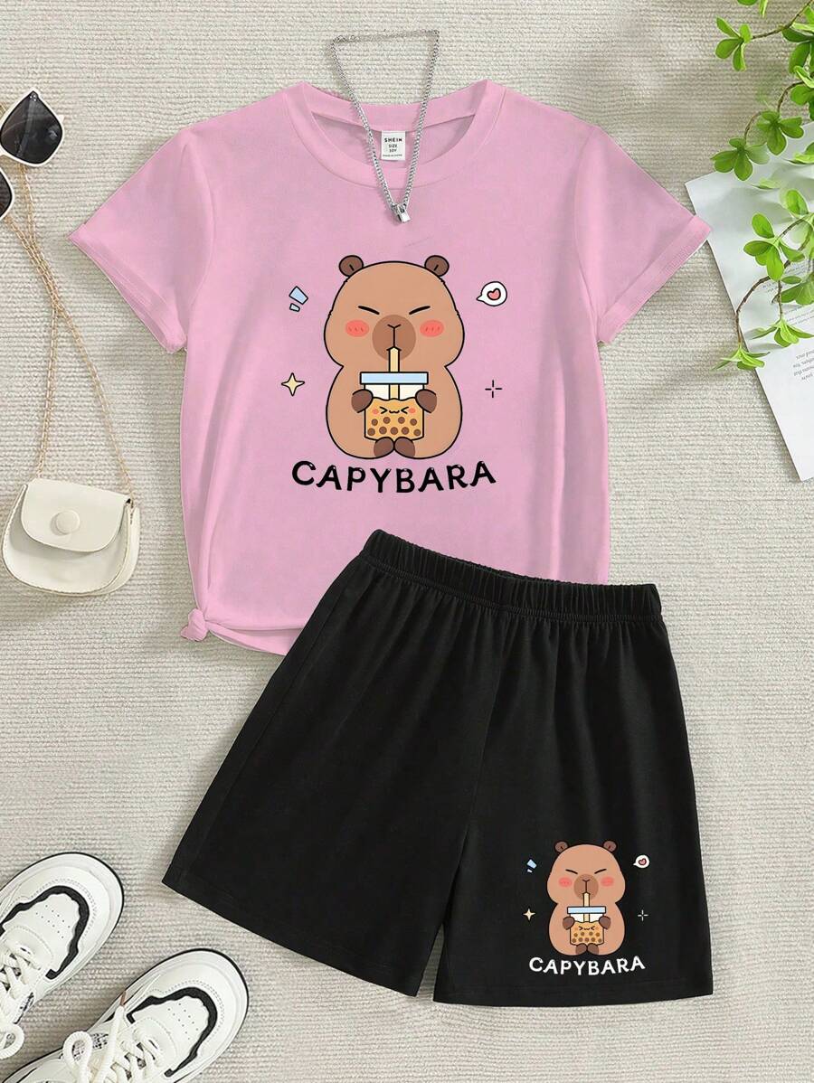 Bộ áo phông tay ngắn cổ tròn họa tiết chữ và hình con lợn Capybara thường ngày mùa hè cho bé gái và quần short - Nhiều màu - Xem 1