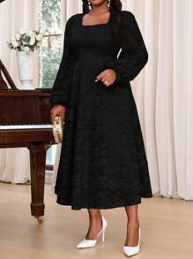 SHEIN Lady Plus Size Elegant Party Solid Color Textured Flare Sleeve Fishtail Dress New Years Vacation Outfits Elegant Party Pink Valentine Day Formal Dresses For Women Lace Dress Pink Dress For Women Summer Dresses For Women